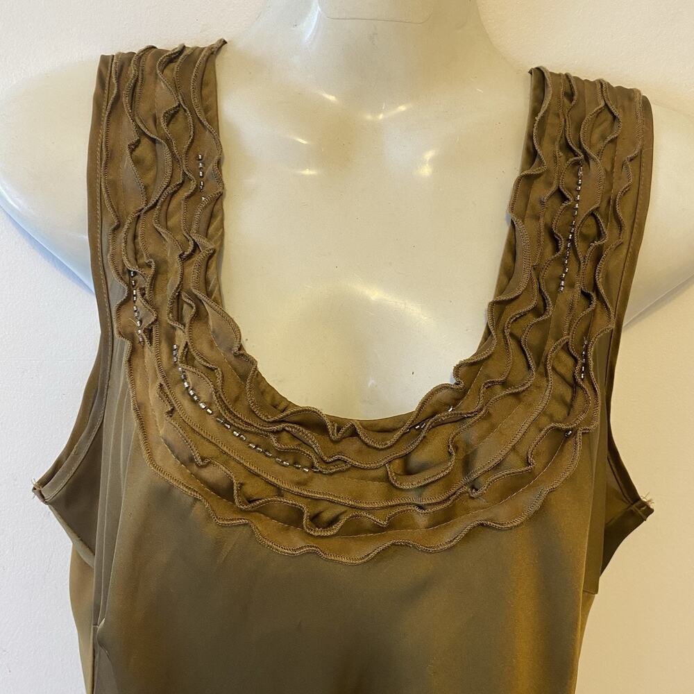 Spense Women M Sleeveless Slip Mini Dress Satin Olive Round Neck Ruffle Romantic - Picture 6 of 9